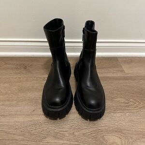 Zara Black Leather Ankle Boots with Chunky Rubber Sole